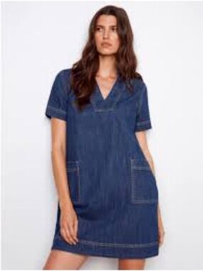 Trendyol Denim V-Neck Shift Dress with Front Pockets Indigo Sz 36/ Sz 4 US
